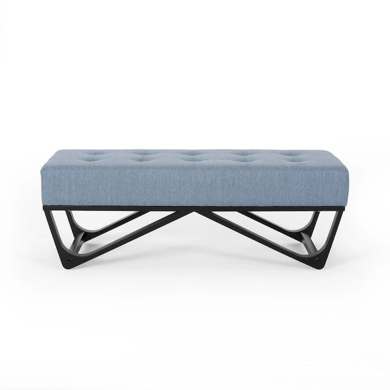 Ławka Liba Ottoman, obita jasnoniebieską tkaniną z guzikami, czarna, 120 cm