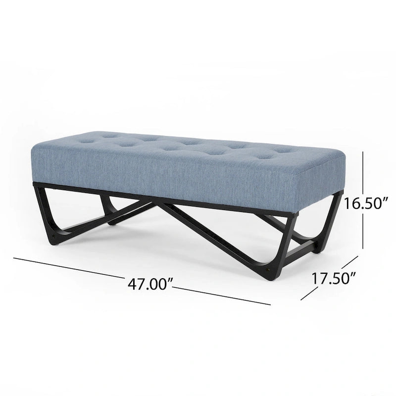 Ławka Liba Ottoman, obita jasnoniebieską tkaniną z guzikami, czarna, 120 cm