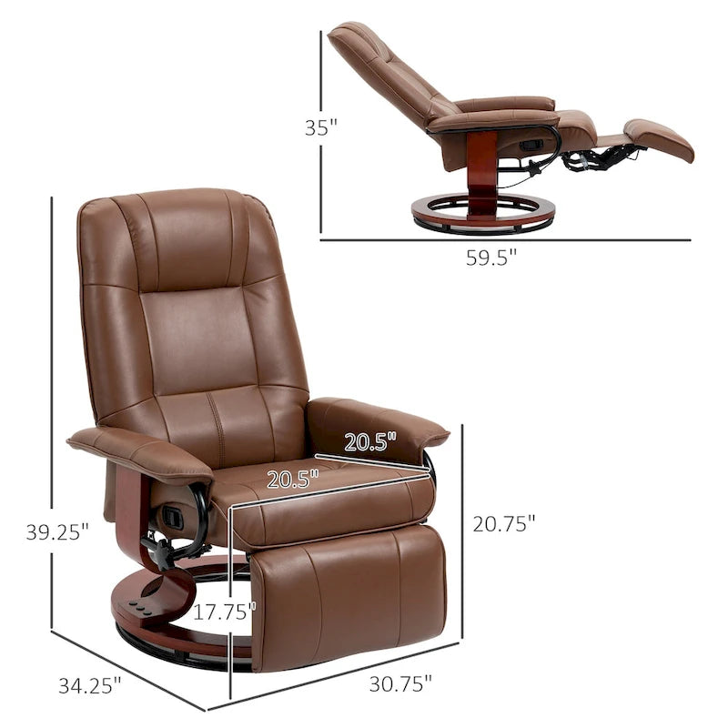 Fauteuil inclinable manuel en cuir PU Fauteuil de salon moderne Fauteuil pivotant réglable avec base en bois et repose-pieds