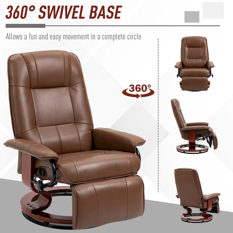 Fauteuil inclinable manuel en cuir PU Fauteuil de salon moderne Fauteuil pivotant réglable avec base en bois et repose-pieds