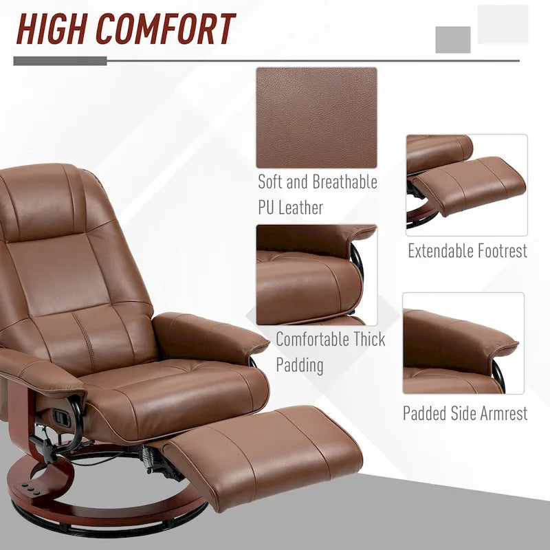 Fauteuil inclinable manuel en cuir PU Fauteuil de salon moderne Fauteuil pivotant réglable avec base en bois et repose-pieds