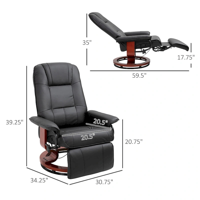 Fauteuil inclinable manuel en cuir PU Fauteuil de salon moderne Fauteuil pivotant réglable avec base en bois et repose-pieds