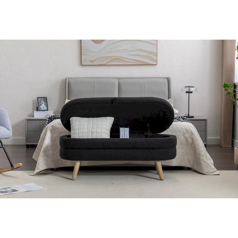 Banc de rangement ottoman avec pieds en bois, banc ovale de bout de lit intérieur avec patins ajustables pour le salon