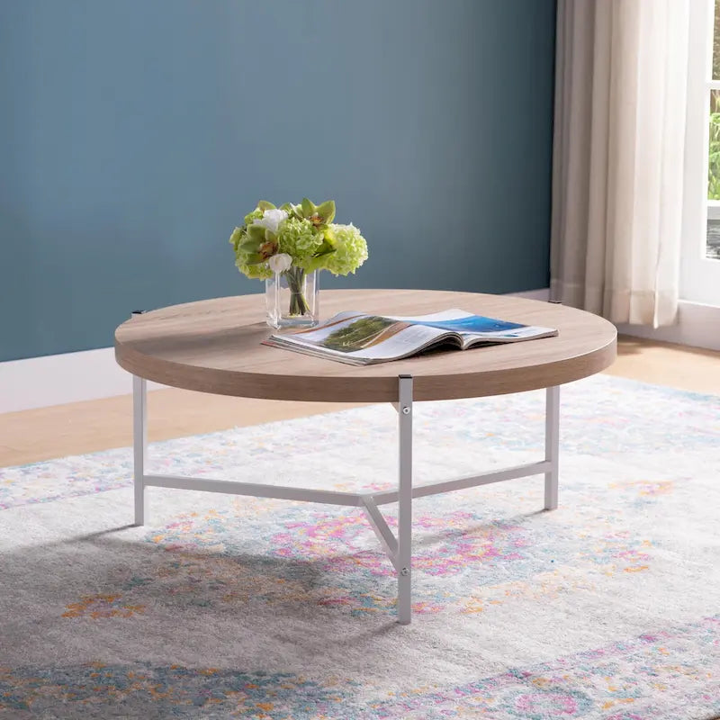 Table basse ronde moderne de 36,5 po avec plateau en bois et base élégante en acier inoxydable pour salon - 36,5L x 36,5W x 16,5H