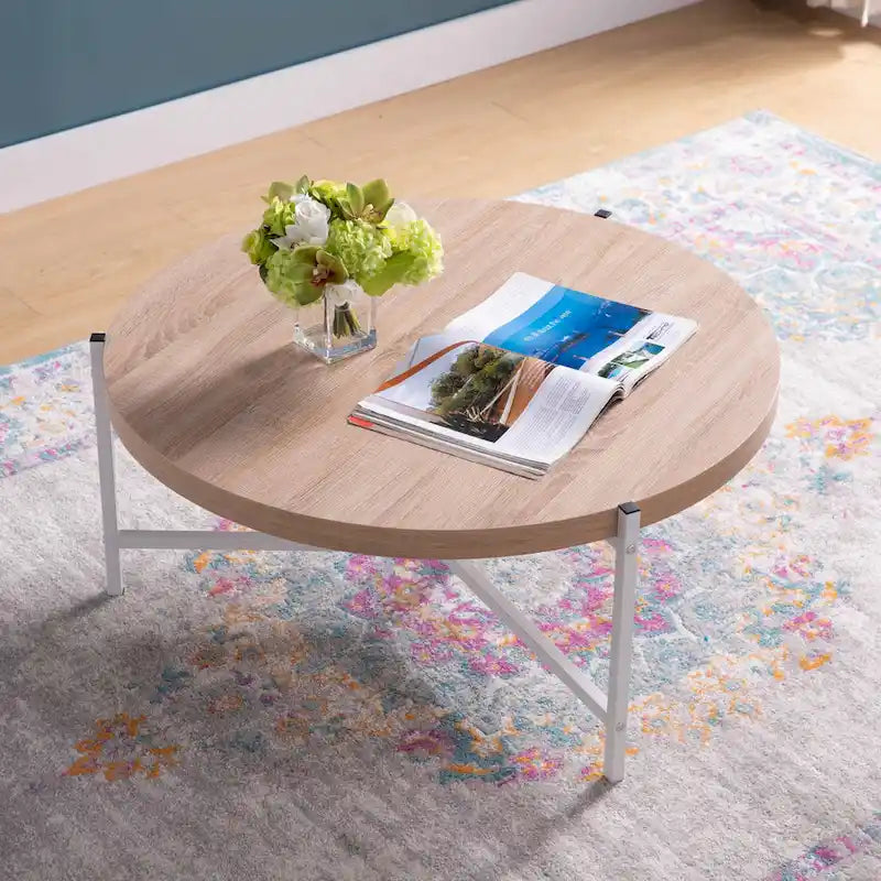 Table basse ronde moderne de 36,5 po avec plateau en bois et base élégante en acier inoxydable pour salon - 36,5L x 36,5W x 16,5H