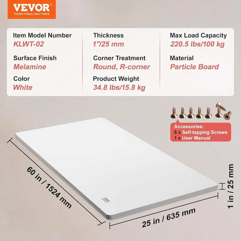 VEVOR Blat stołu prostokątny 152,4 x 63,5 cm do biurka z regulacją wysokości, biały - 34.8