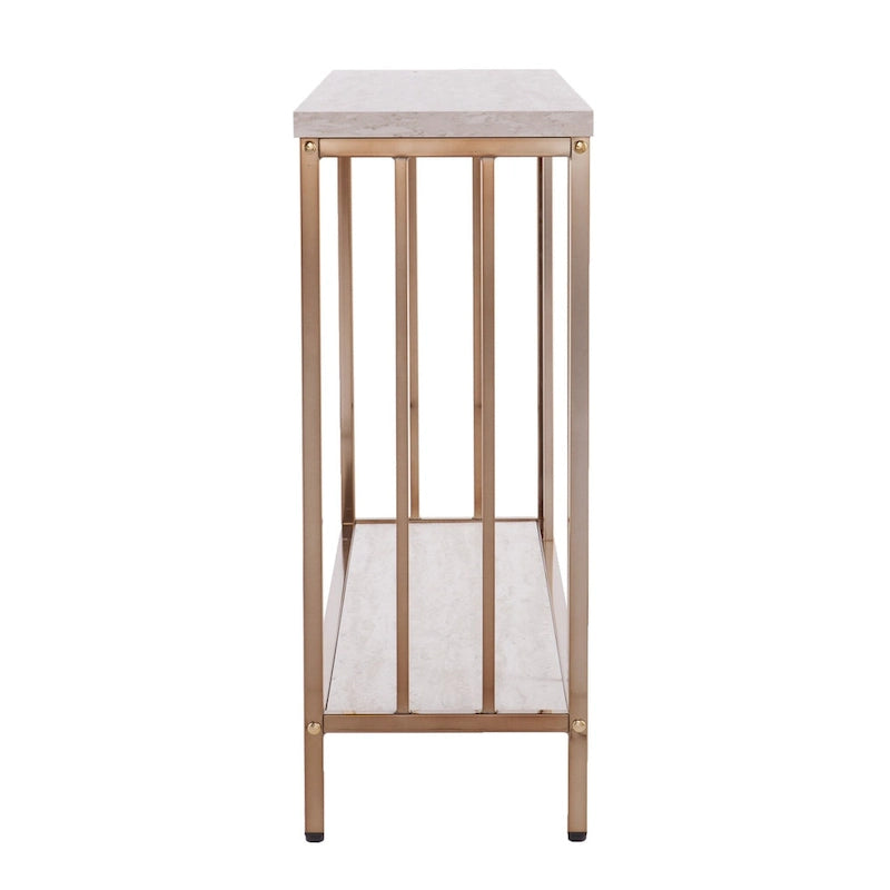 Console rectangulaire en fausse pierre couleur champagne avec base d'étagère dorée - 47,5 L x 12 l x 29,5 H