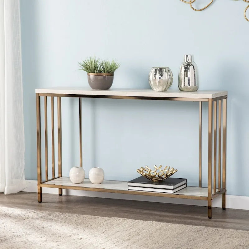 Console rectangulaire en fausse pierre couleur champagne avec base d'étagère dorée - 47,5 L x 12 l x 29,5 H