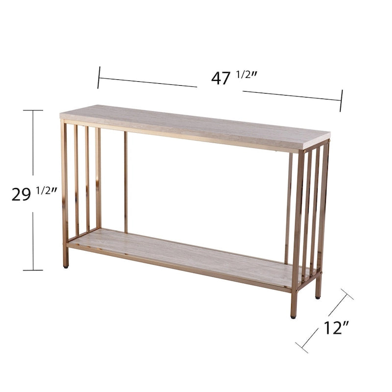 Console rectangulaire en fausse pierre couleur champagne avec base d'étagère dorée - 47,5 L x 12 l x 29,5 H