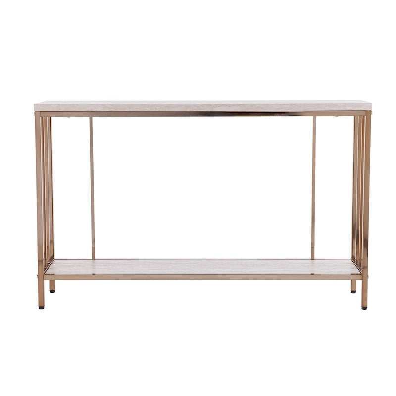 Console rectangulaire en fausse pierre couleur champagne avec base d'étagère dorée - 47,5 L x 12 l x 29,5 H