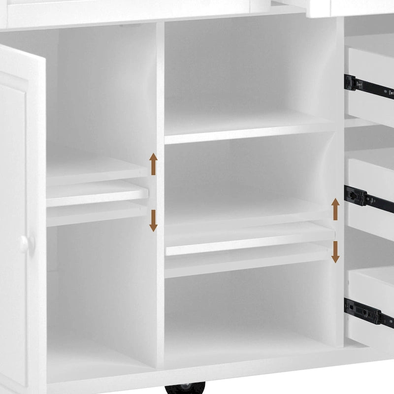 Wózek Kuchenny z Blatem z Drewna Kauczukowego, Mobilna Wyspa Kuchenna na Kółkach, z Miejscem do Przechowywania i 5 Szufladami, Długość 134,6 cm (bez stołka)
