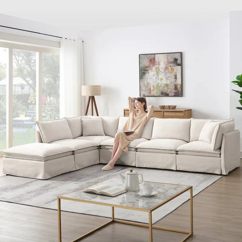 Sofa modułowa szenilowa w kształcie litery L z ruchomym pufem