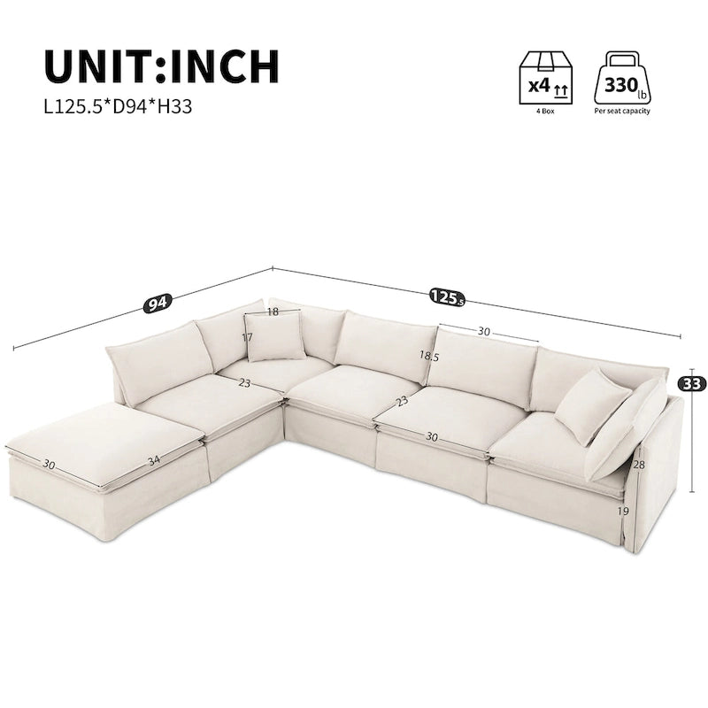 Sofa modułowa szenilowa w kształcie litery L z ruchomym pufem