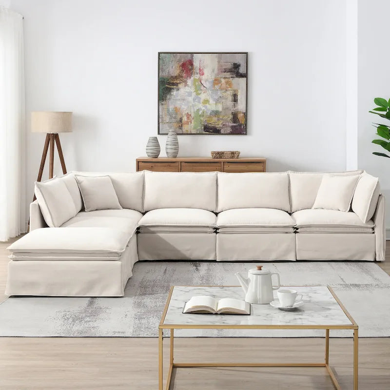 Sofa modułowa szenilowa w kształcie litery L z ruchomym pufem