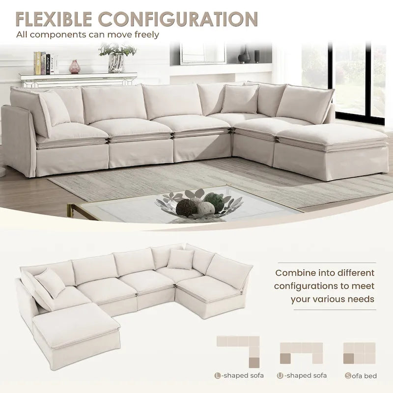 Sofa modułowa szenilowa w kształcie litery L z ruchomym pufem