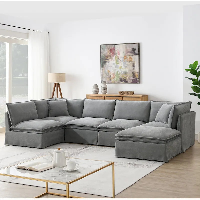 Sofa modułowa szenilowa w kształcie litery L z ruchomym pufem