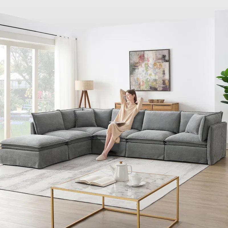 Sofa modułowa szenilowa w kształcie litery L z ruchomym pufem
