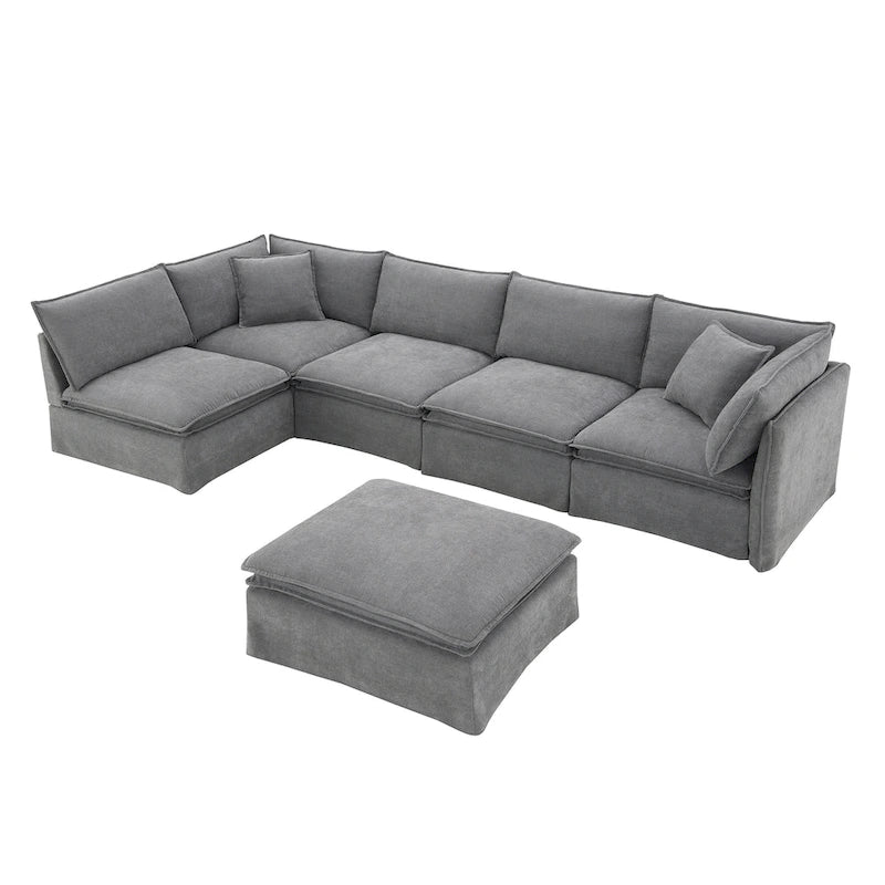Sofa modułowa szenilowa w kształcie litery L z ruchomym pufem