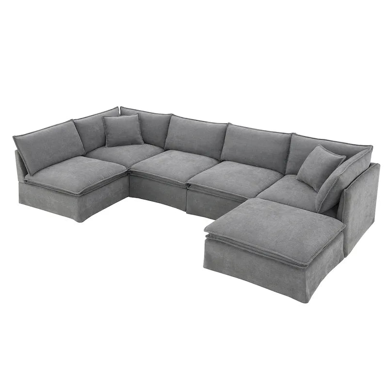 Sofa modułowa szenilowa w kształcie litery L z ruchomym pufem