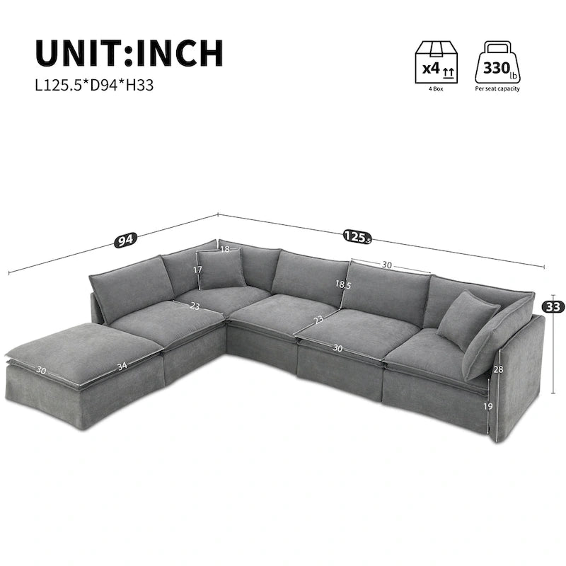 Sofa modułowa szenilowa w kształcie litery L z ruchomym pufem