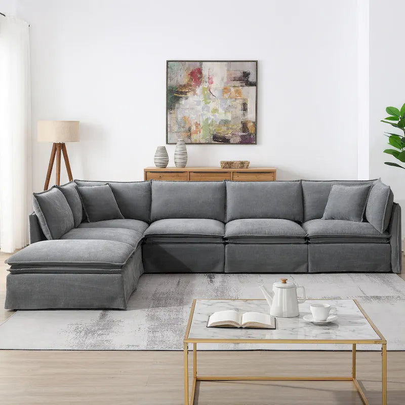 Sofa modułowa szenilowa w kształcie litery L z ruchomym pufem