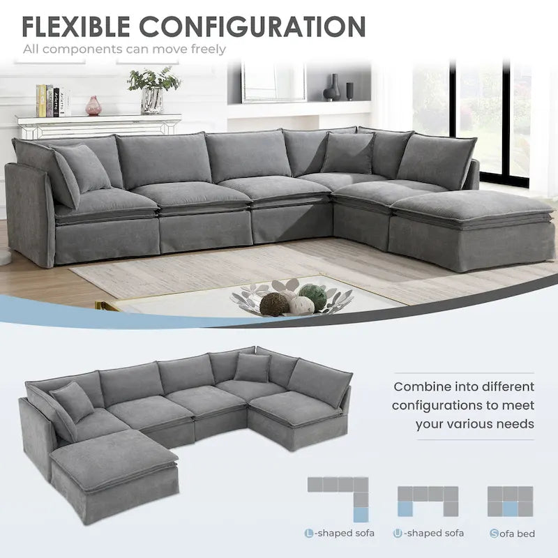 Sofa modułowa szenilowa w kształcie litery L z ruchomym pufem