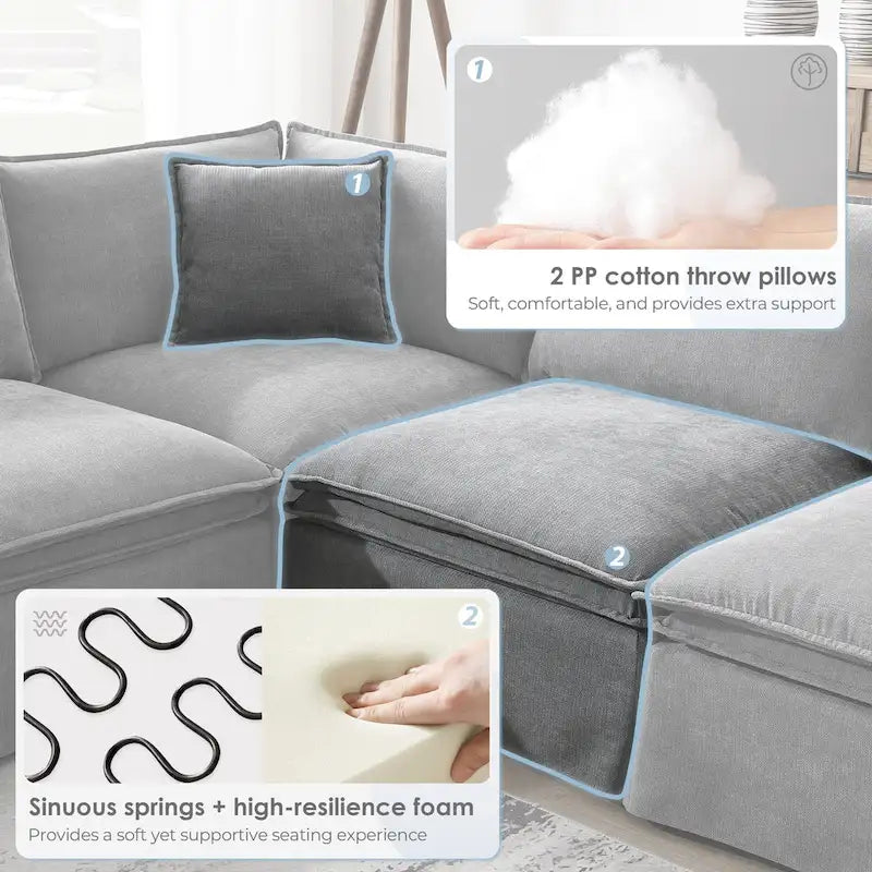 Sofa modułowa szenilowa w kształcie litery L z ruchomym pufem