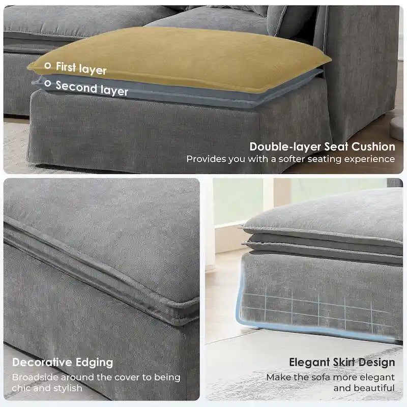 Sofa modułowa szenilowa w kształcie litery L z ruchomym pufem