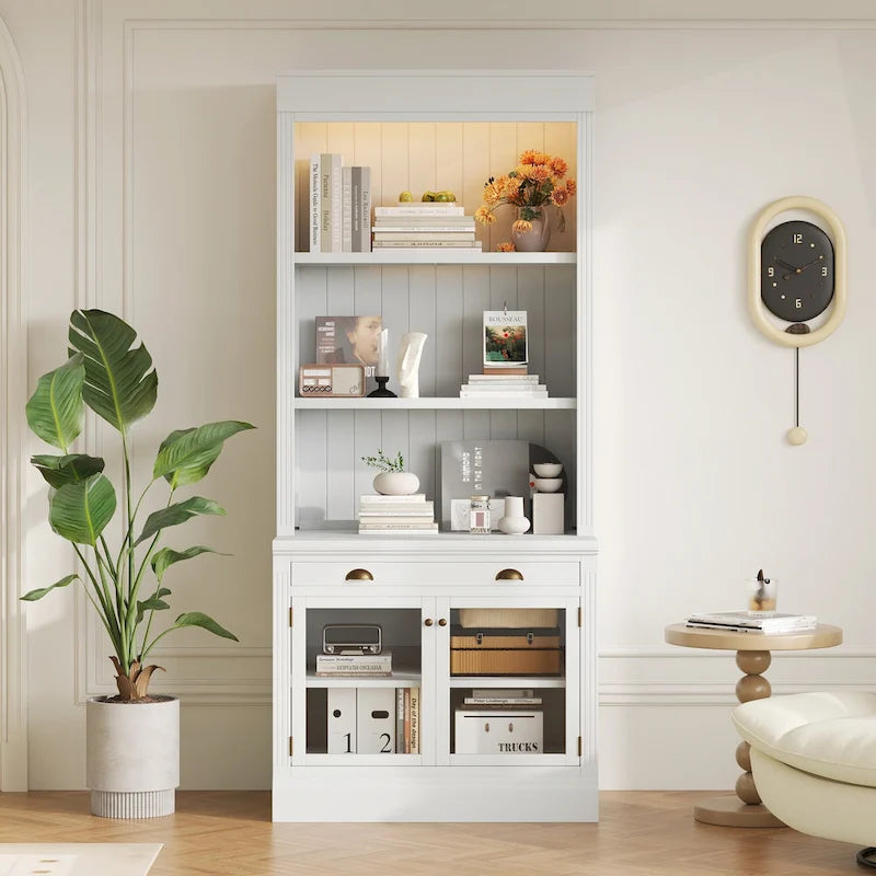 Bibliothèque haute polyvalente avec éclairage LED et plusieurs options de rangement pour la maison