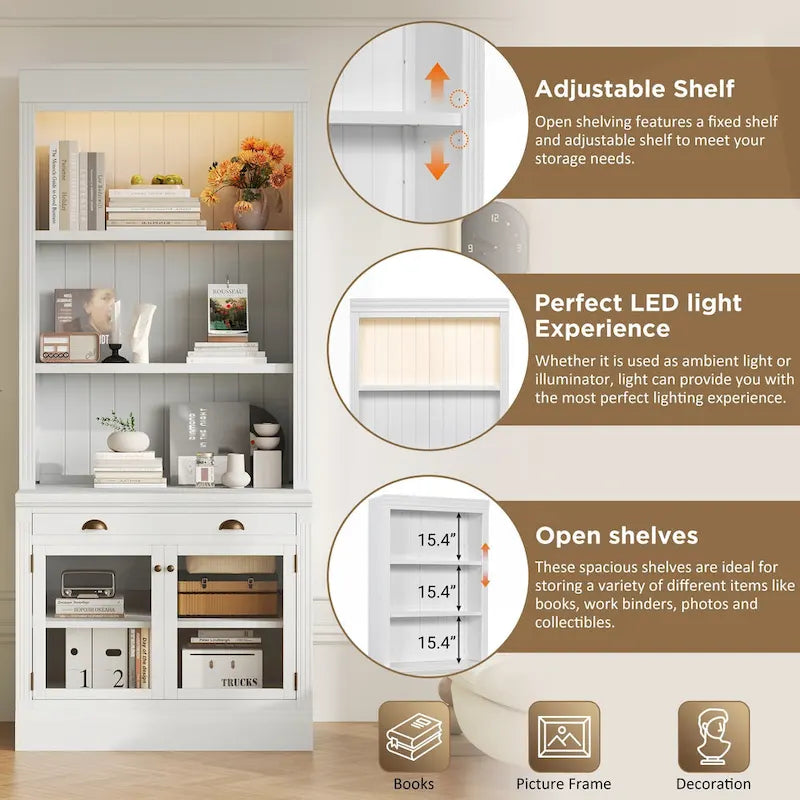 Bibliothèque haute polyvalente avec éclairage LED et plusieurs options de rangement pour la maison