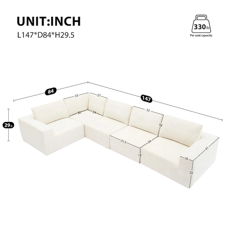 147 Sofa modułowa, narożnik w kształcie litery L z szerokim siedziskiem, dowolna konfiguracja