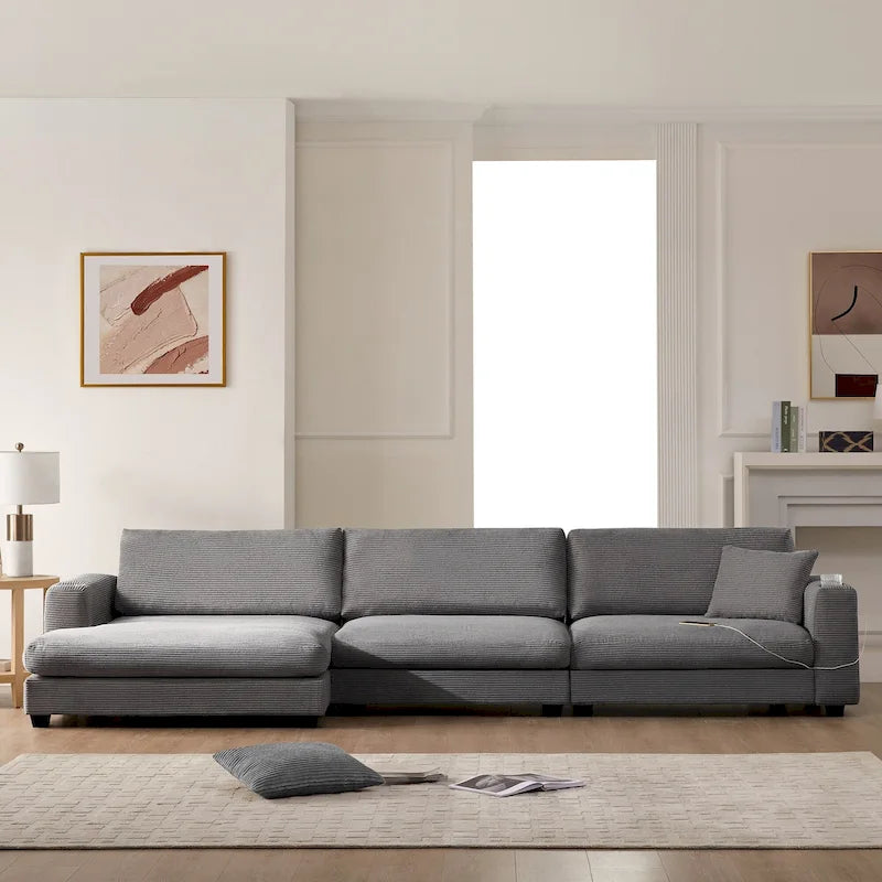 Duża sekcyjna sofa sztruksowa, Narożna sofa w kształcie litery L z głębokim siedziskiem Cloud