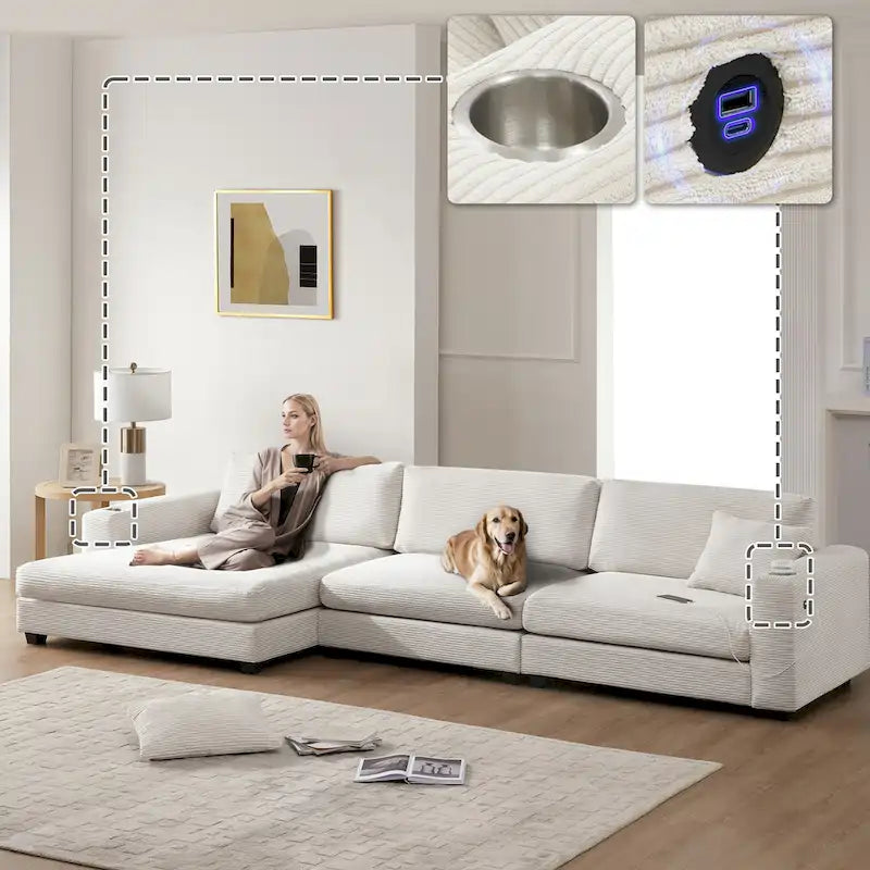 Duża sekcyjna sofa sztruksowa, Narożna sofa w kształcie litery L z głębokim siedziskiem Cloud