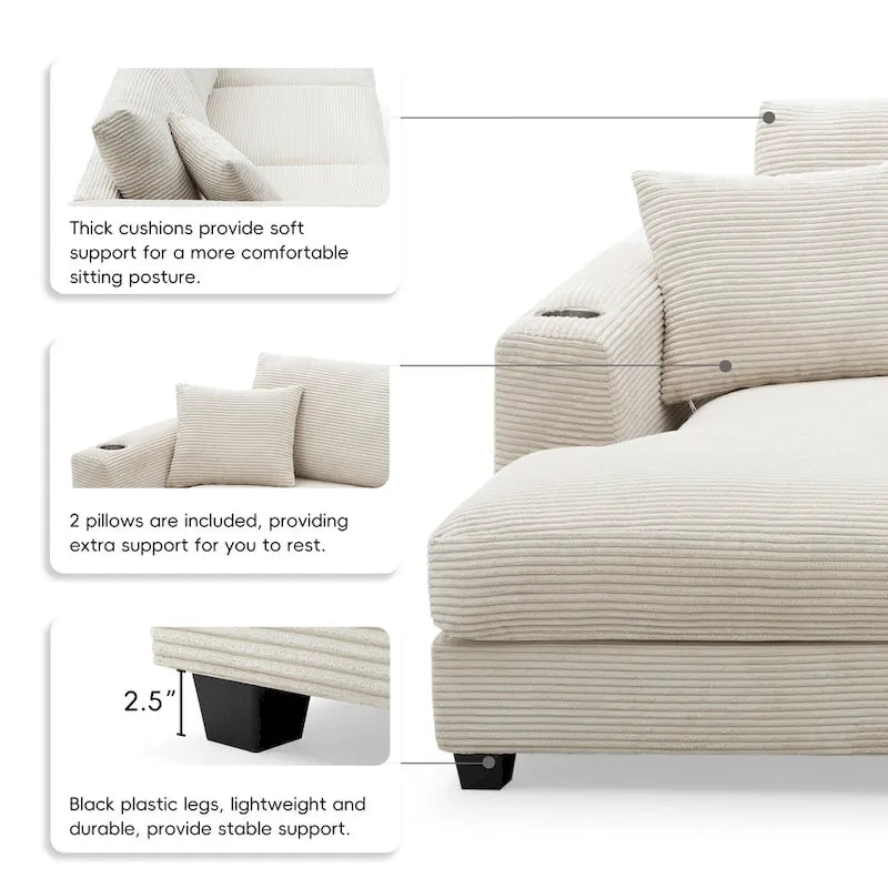 Duża sekcyjna sofa sztruksowa, Narożna sofa w kształcie litery L z głębokim siedziskiem Cloud