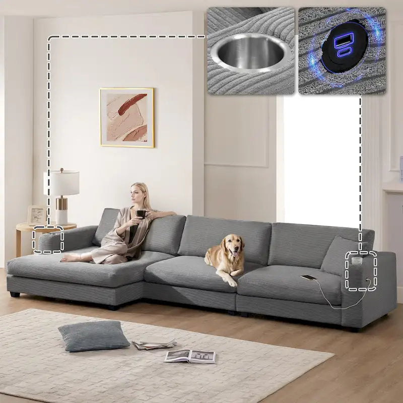 Duża sekcyjna sofa sztruksowa, Narożna sofa w kształcie litery L z głębokim siedziskiem Cloud