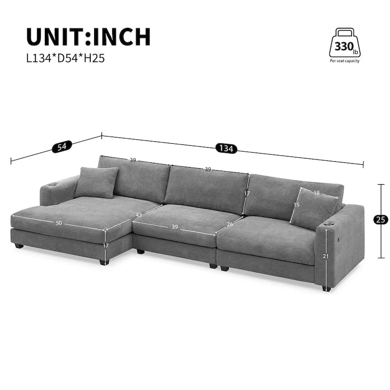 Duża sekcyjna sofa sztruksowa, Narożna sofa w kształcie litery L z głębokim siedziskiem Cloud