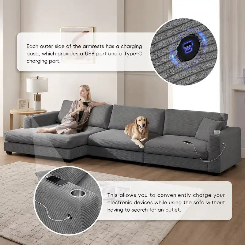 Duża sekcyjna sofa sztruksowa, Narożna sofa w kształcie litery L z głębokim siedziskiem Cloud
