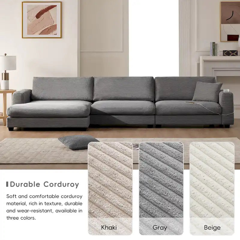 Duża sekcyjna sofa sztruksowa, Narożna sofa w kształcie litery L z głębokim siedziskiem Cloud