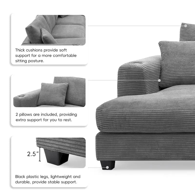 Duża sekcyjna sofa sztruksowa, Narożna sofa w kształcie litery L z głębokim siedziskiem Cloud