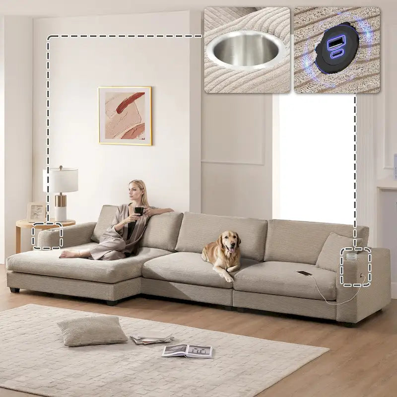Duża sekcyjna sofa sztruksowa, Narożna sofa w kształcie litery L z głębokim siedziskiem Cloud