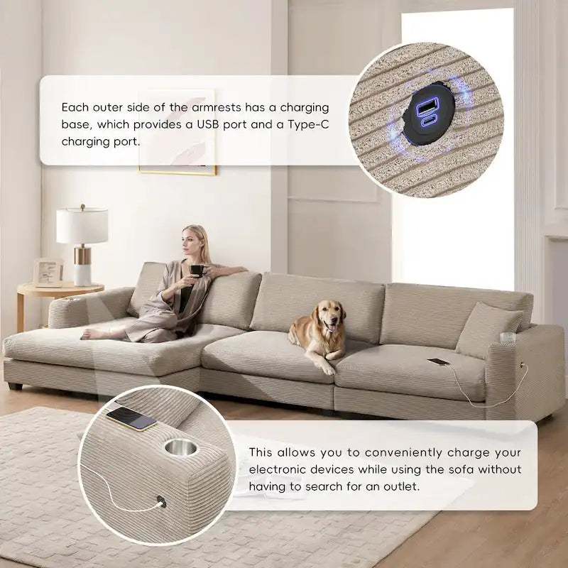 Duża sekcyjna sofa sztruksowa, Narożna sofa w kształcie litery L z głębokim siedziskiem Cloud