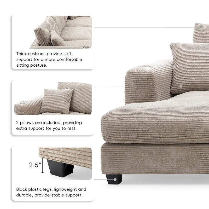Duża sekcyjna sofa sztruksowa, Narożna sofa w kształcie litery L z głębokim siedziskiem Cloud