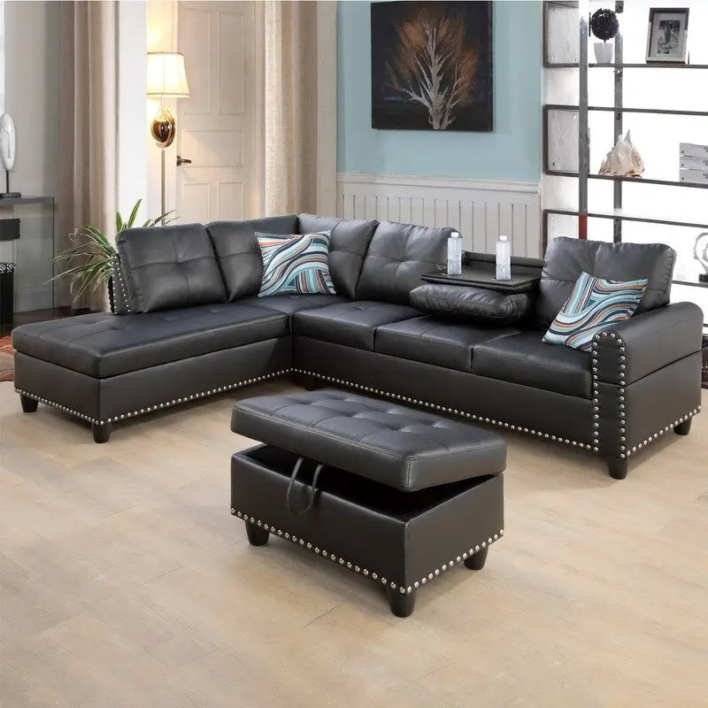 Ensemble de canapé moderne 3 pièces en similicuir noir : Style épuré pour les salons