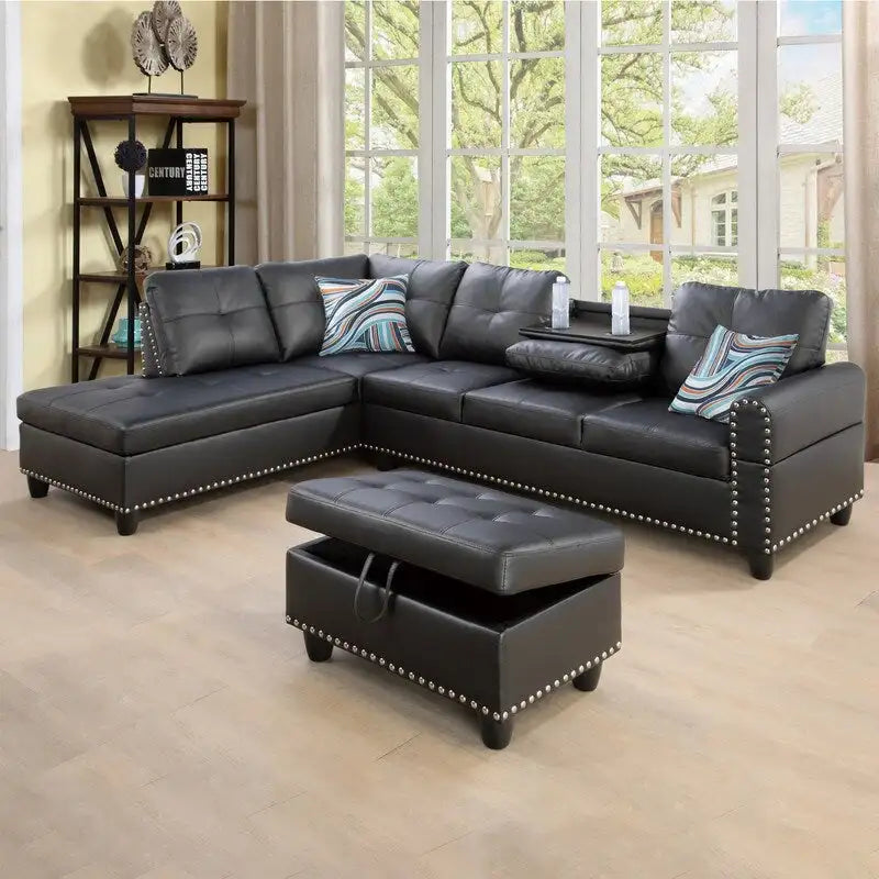 Ensemble de canapé moderne 3 pièces en similicuir noir : Style épuré pour les salons