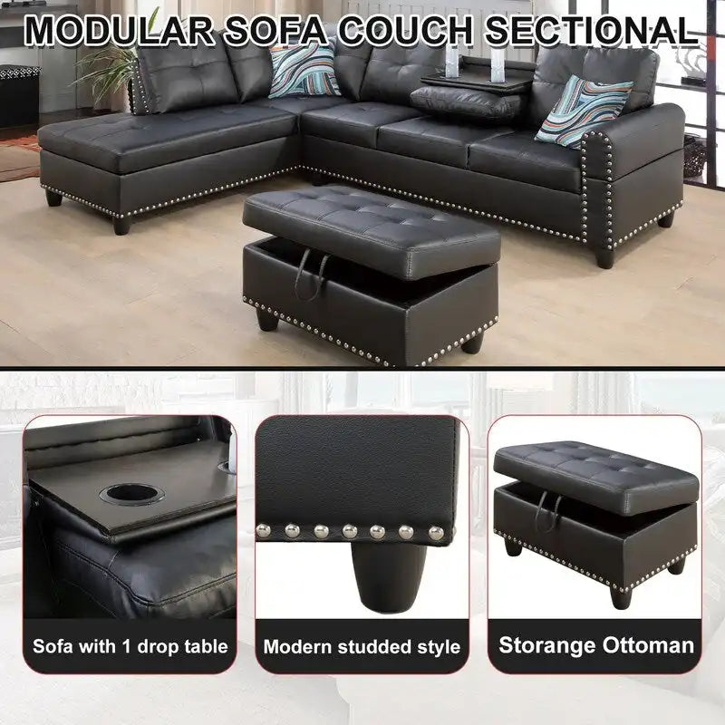 Ensemble de canapé moderne 3 pièces en similicuir noir : Style épuré pour les salons