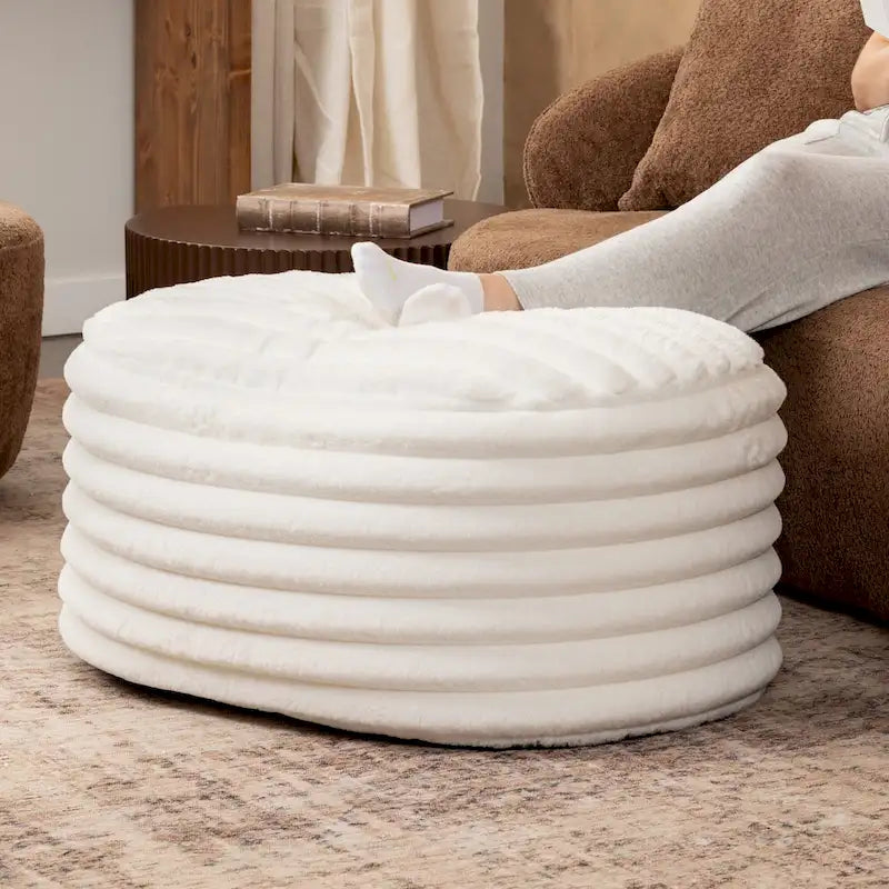 Grand Pouf Ottoman en fausse fourrure côtelée - 35 - Crème