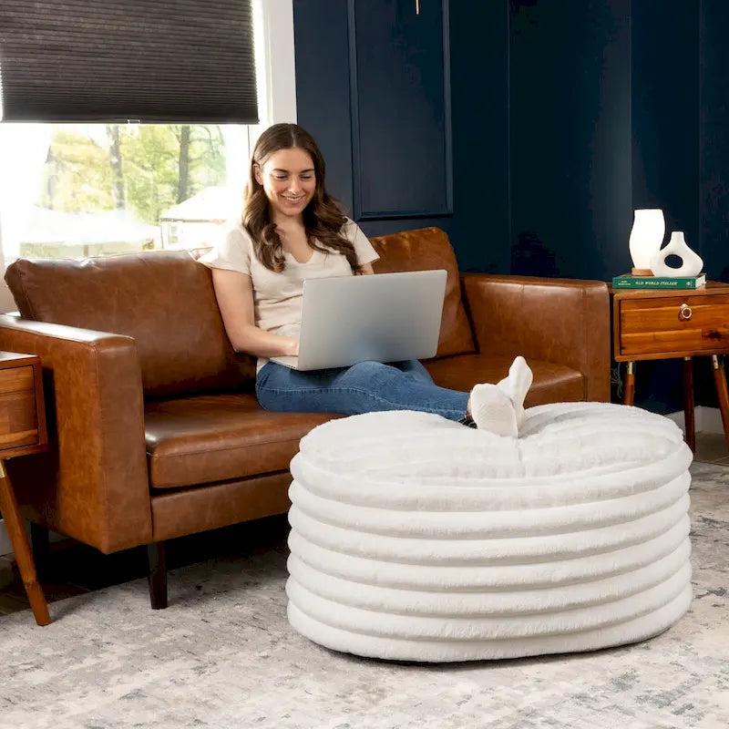 Grand Pouf Ottoman en fausse fourrure côtelée - 35 - Crème
