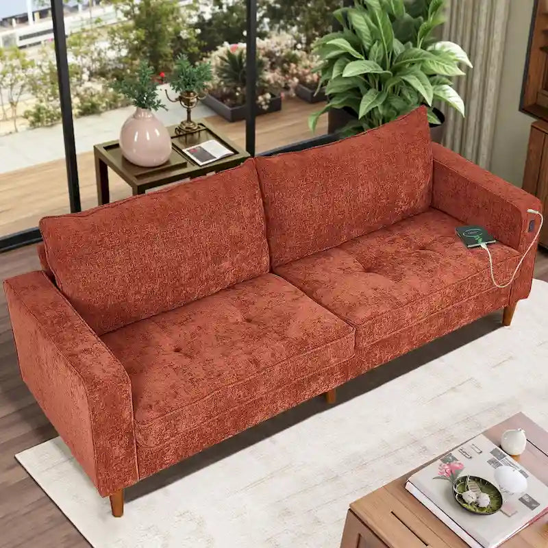 Nowoczesna, tapicerowana sofa szenilowa o długości 82,68 cala z portami USB do salonu