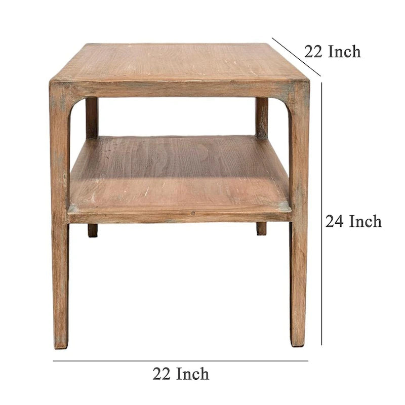 Stolik narożny Tuley, z półką, szare drewno sosnowe, kwadrat 56 cm