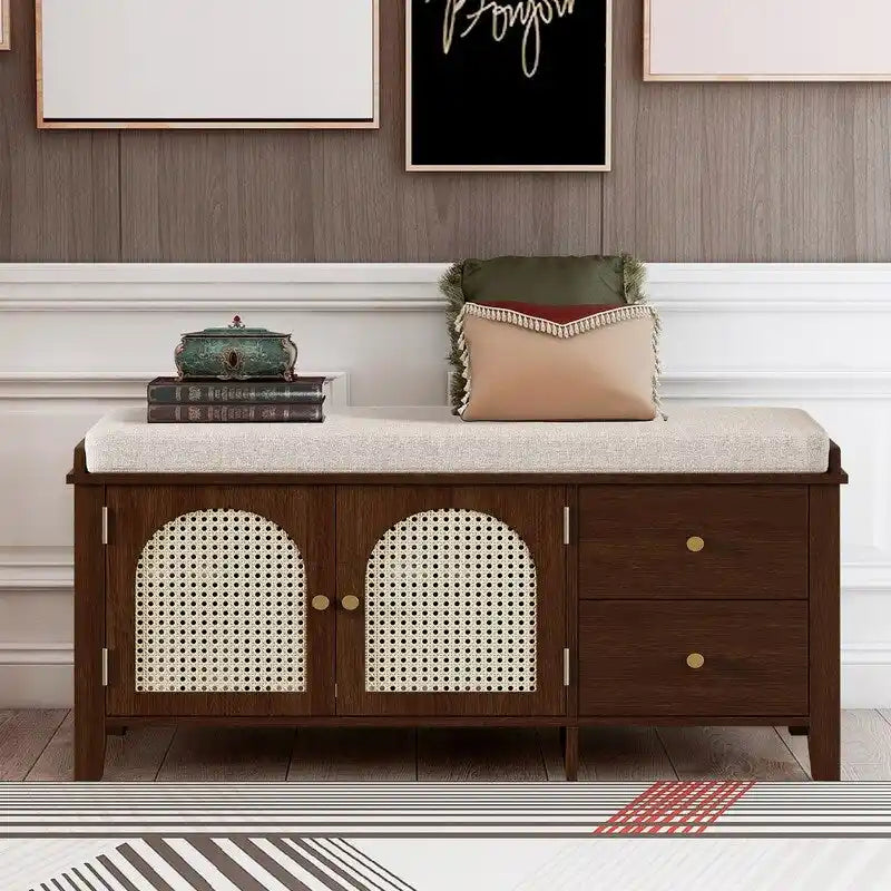 Banc de rangement à chaussures rétro avec tiroirs et coussin pour l'entrée ou le salon